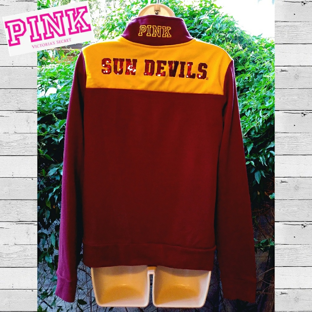 PINK Victoria's Secret Maroon and Gold 'Sun Devils' Varsity Jacket